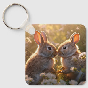 Entzückende Kaninchen im Frühlingswiesen-Design Schlüsselanhänger