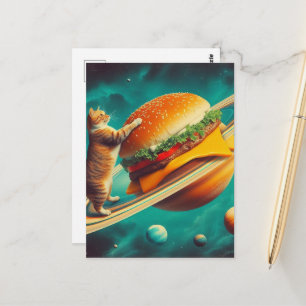 Entzückende Katze auf dem Cheeseburger-Planeten Postkarte