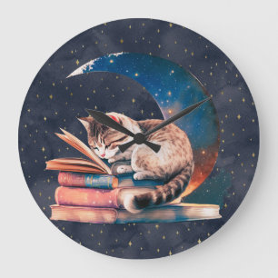 Entzückende Katze auf dem Mond beim Lesen eines Bu Große Wanduhr