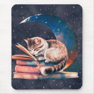 Entzückende Katze auf dem Mond beim Lesen eines Bu Mousepad