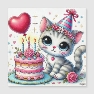 Entzückende Katze feiert Geburtstag mit Kuchen Magnetkarte