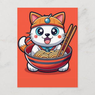 Entzückende Katze genießt schmackhaftes Ramen-Nude Feiertagspostkarte