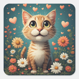 Entzückende Katze mit Blumen, Herzen und fröhliche Quadratischer Aufkleber