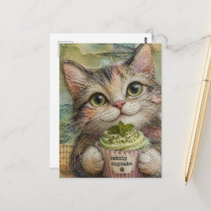 Entzückende Katze mit Katzenminze-Cupcake Postkarte