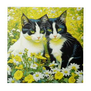 Entzückende Katzen sitzen auf einem Feld mit Gänse Fliese
