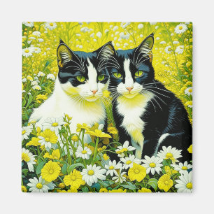 Entzückende Katzen sitzen auf einem Feld mit Gänse Magnet