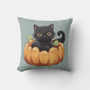 Entzückende schwarze Katze in einem grünen Hallowe Kissen