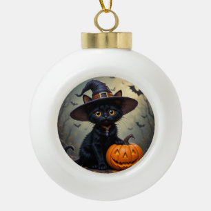 Entzückende schwarze Katze mit Hexenhut Keramik Kugel-Ornament