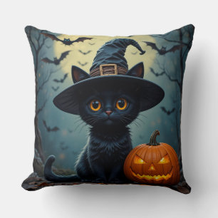 Entzückende schwarze Katze mit Hexenhut Kissen
