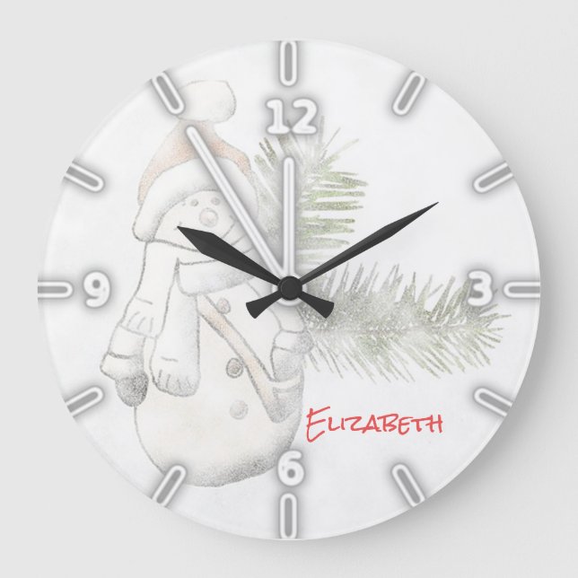 Entzückende Snowman Wiith Weihnachtsmannmütze - Große Wanduhr (Vorderseite)