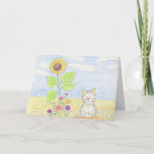 Entzückende Tabbykätzchensonnenblume-Aquarellkarte Karte