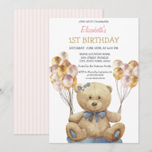Entzückende Teddybär-Balloons gestreifte Geburtsta Einladung