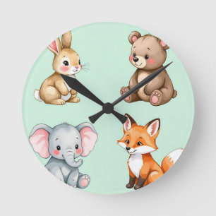 Entzückende Wald-Baby-Tiere Pastell-Wasserfarbe Runde Wanduhr