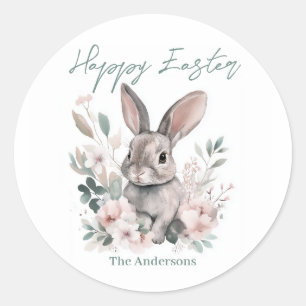 Entzückender Aquarell-Hase Frühlingsblumen Ostern Runder Aufkleber