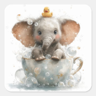 Entzückender Baby-Elefant in Teetasse mit Gummient Quadratischer Aufkleber