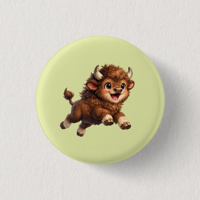 Entzückender Bison läuft spielerisch mit freudiger Button (Vorderseite)