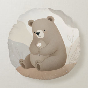Entzückender Braunbär mit Gänseblümchen - Aquarell Rundes Kissen