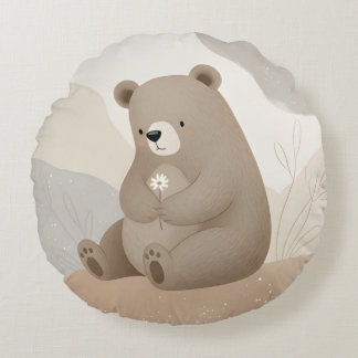 Entzückender Braunbär mit Gänseblümchen - Aquarell Rundes Kissen