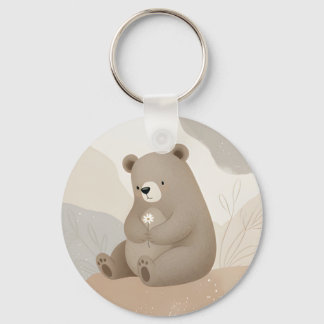 Entzückender Braunbär mit Gänseblümchen - Aquarell Schlüsselanhänger