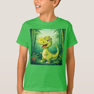 Entzückender Cartoon-Dinosaurier im üppigen grünen T-Shirt