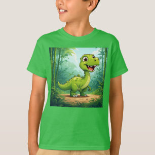 Entzückender Cartoon-Dinosaurier im üppigen grünen T-Shirt