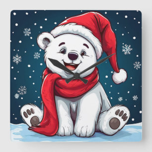 Entzückender Cartoon-Eisbär in Santa-Mütze Quadratische Wanduhr