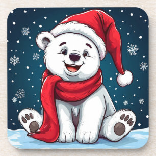 Entzückender Cartoon-Eisbär mit Weihnachtsmannmütz Getränkeuntersetzer