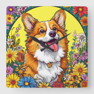 Entzückender Corgi umgeben von farbenfrohen Blumen Quadratische Wanduhr