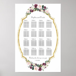 Entzückender Gold-Burgunder-Rosa-Blumen-Sitzplan Poster