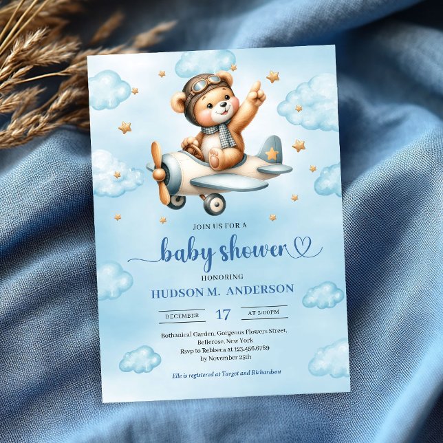 Entzückender Pilot-Teddybär blau Junge Shower-Einl Einladung (Charming pilot teddy bear blue boy shower invitation)