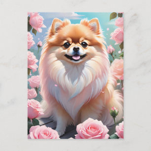 Entzückender Pomeranian zwischen blühenden rosa Ro Postkarte