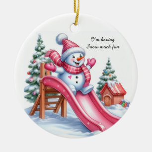 Entzückender rosa Schneemann Spielplatz Spaß Keramik Ornament