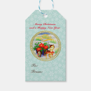 Entzückender vintage Weihnachts-Rentier- und Blume Geschenkanhänger