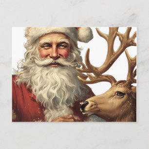 Entzückender Vintage-Weihnachtsmann und Rentier Postkarte