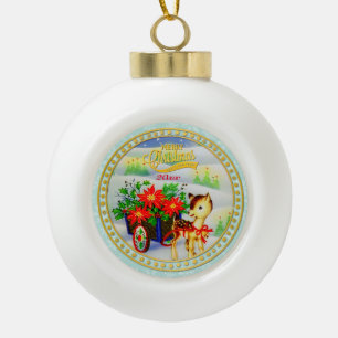 Entzückender vintage Weihnachtsrentier- und Blumen Keramik Kugel-Ornament
