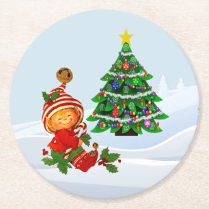 Entzückender Weihnachtself-Papier-Untersetzer Runder Pappuntersetzer