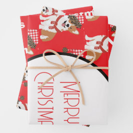 Entzückender Weihnachtshund mit Weihnachtsmannmütz Geschenkpapier Set