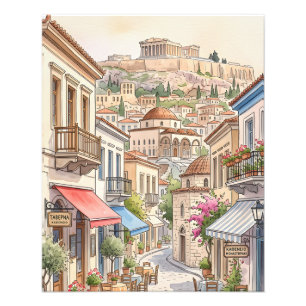 Entzückendes Athen Griechenland Straße Aquarell Fotodruck