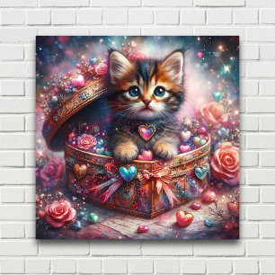 Entzückendes Kätzchen in Herzschachtel mit Blumen Poster