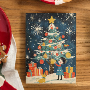 "Entzückendes Kind schmückt Weihnachtsbaum Hund" Feiertagskarte