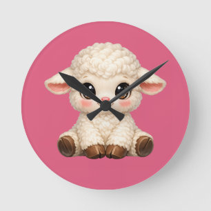 Entzückendes lächelndes Lamm-Cartoon-Design-Banner Runde Wanduhr
