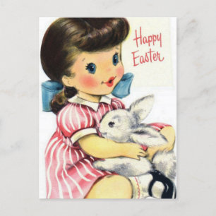 Entzückendes Retro-Glückliches-Ostern-Mädchen und Postkarte