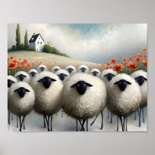 Entzückendes Schaf Mohnfeld und ein Haus Poster