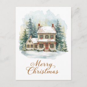 Entzückendes schneebedecktes Weihnachtsbauernhaus Feiertagspostkarte