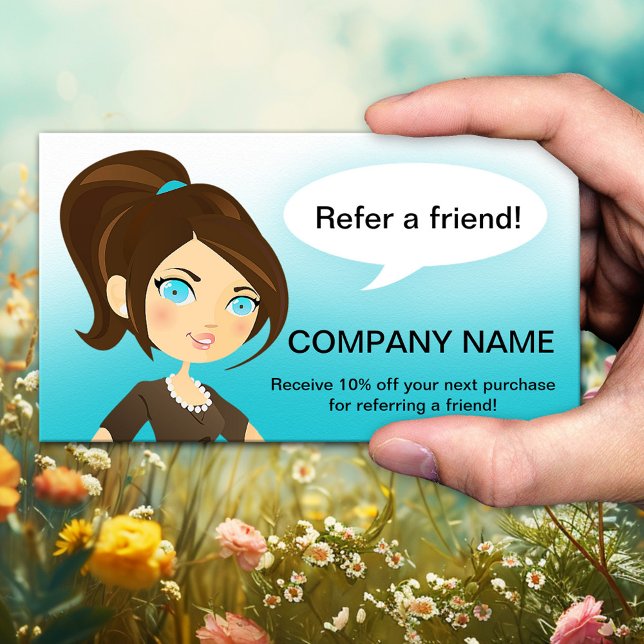 Envoyer à un Carte de visite ami (Referral or tell-a-friend business card with a cartoon lady recommending your business)