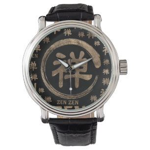 Enzo Circle Zen Symbol und Wortmuster auf schwarz Armbanduhr
