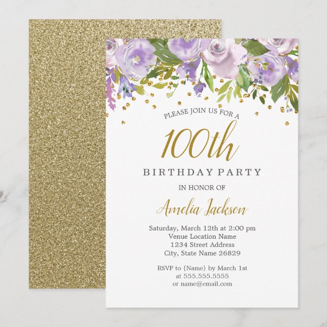 Éperche Floral Purple 100e anniversaire Invitation (Devant / Derrière)