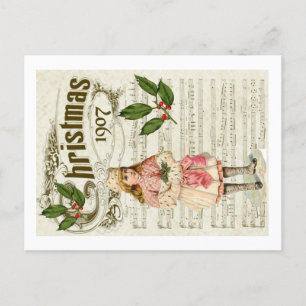 Ephemera 1907 Weihnachts Carol Script Holly Berry Postkarte