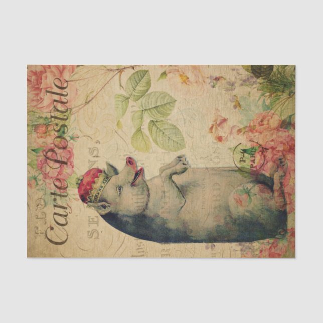 Ephemera Französisches Postkartenschwein mit Krone Seidenpapier (Vorderseite)