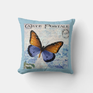 Ephemera French Postcard Butterfly Blue Floral Kissen